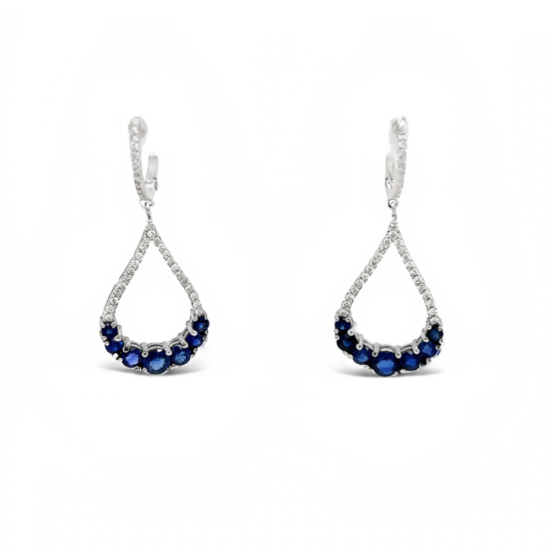 Lady s White 14 Karat Dangle Earrings With 14=2.70Tw Round Sapphires And 92=0.47Tw Round Brilliant G VS Diamonds